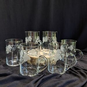 Elegant Set of 6 Glass Mugs, Etched With Grape Vines and Super Thin.
